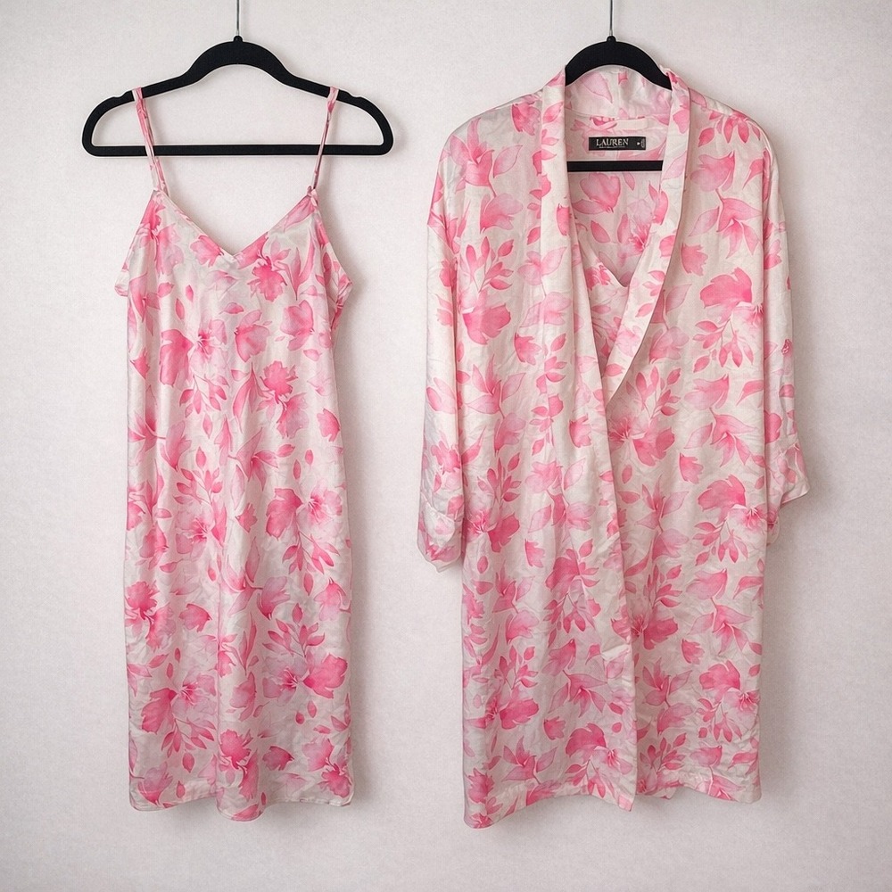 Lauren Ralph Lauren Pink Floral Satin Chemise (S)‎ and Robe Set (M) bundle
